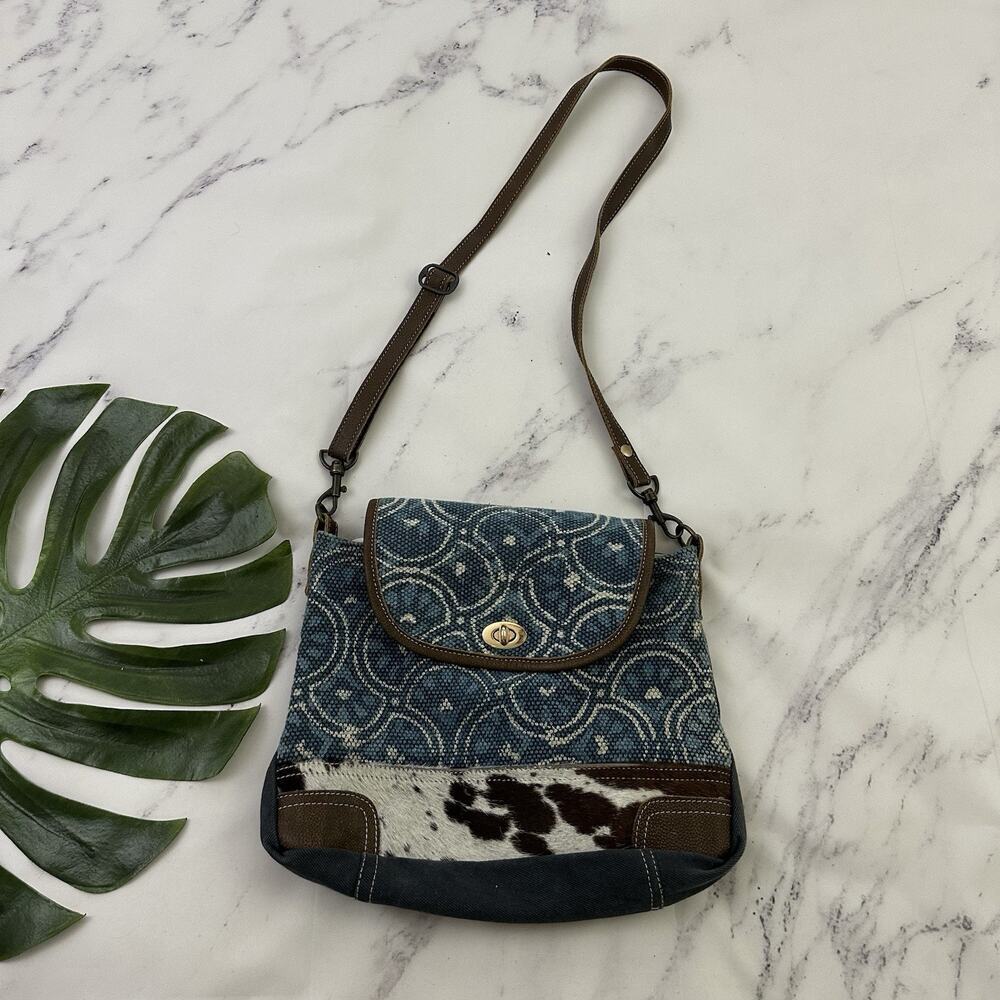 Myra Bag Cross Body Purse Patchwork Canvas Leather Brown Blue Boho Calf Hair